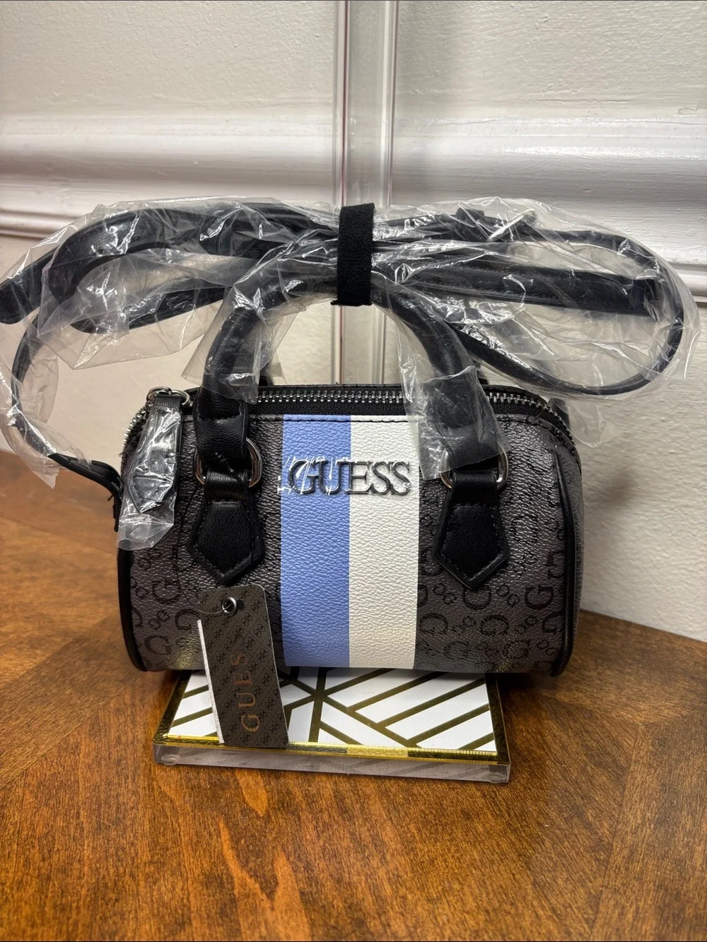 Guess Black Mini Satchel with Blue and White Center Stripe and crossbody strap - Picture 16 of 16